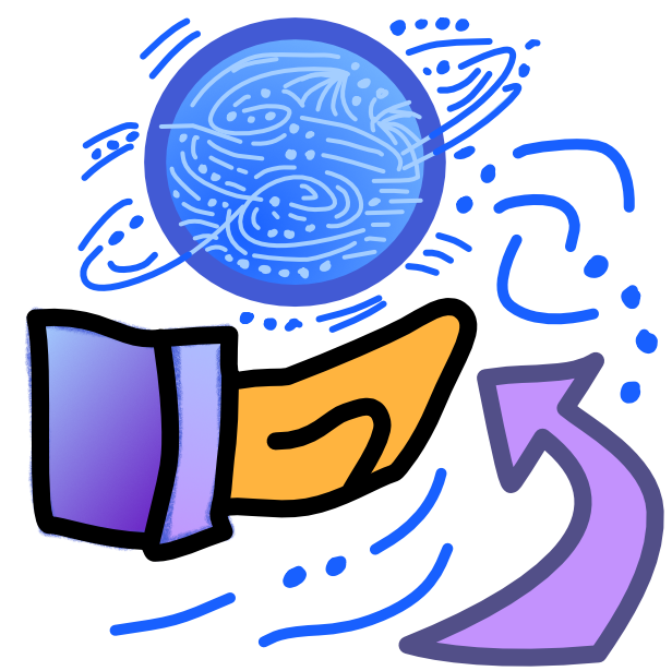 A yellow hand sticking out from a blue and purple sleeve, is depicted with a blue intricately patterned sphere hovering above it. The hand and sphere are surrounded by swirling lines and dotted patterns, suggesting movement or energy. A curved purple arrow with a wide base points to the scene. The image has dark line art.